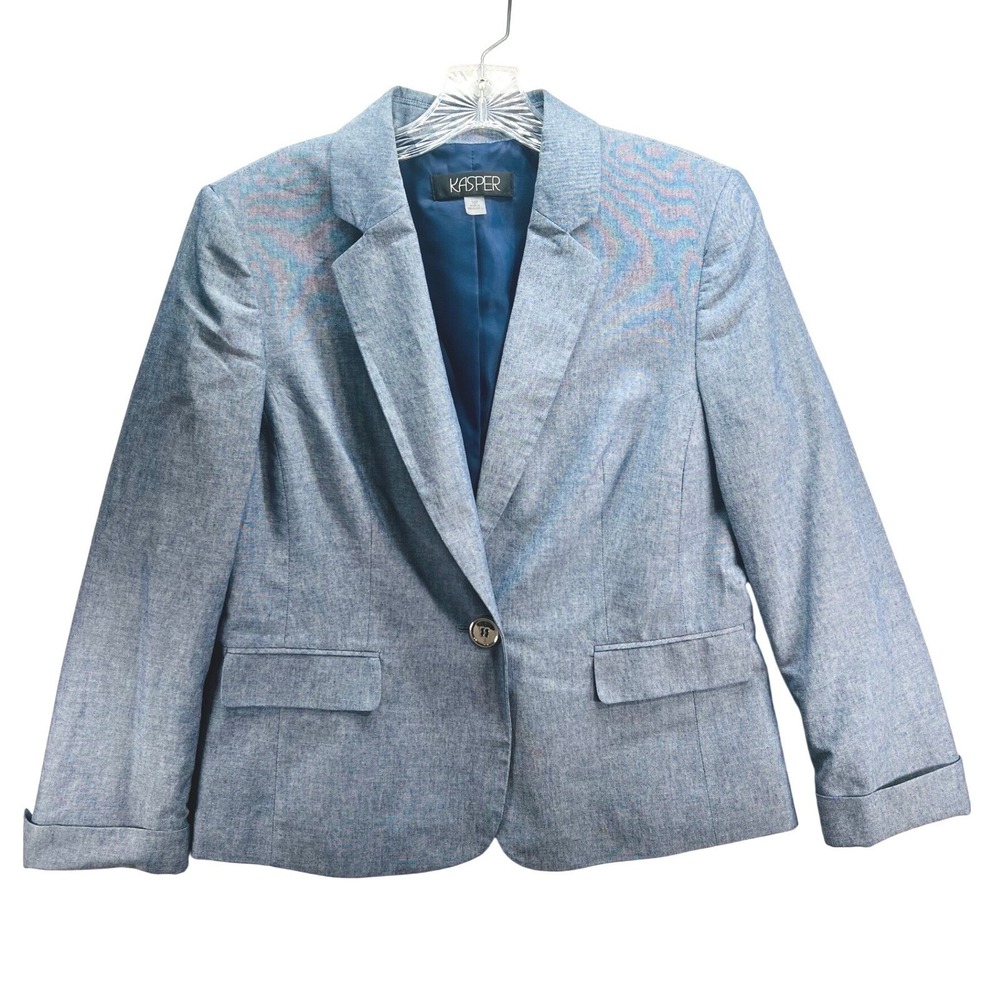 Kasper Womens Blue Chambray Single Button Blazer Jacket Petite 10P Office Wear
